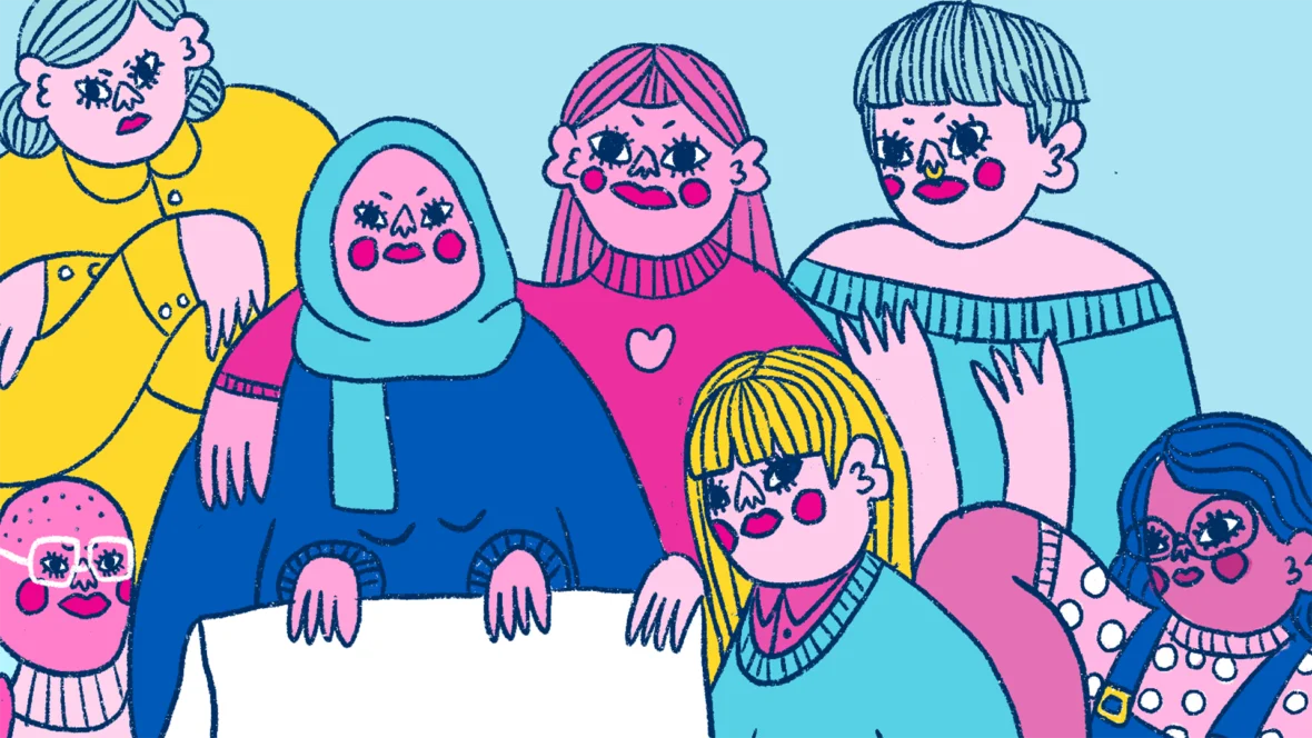 Piirroskuvitus, jossa joukko ihmisiä pitää yhdessä käsissään isoa tyhjää paperia valmiina kirjoittamiseen.